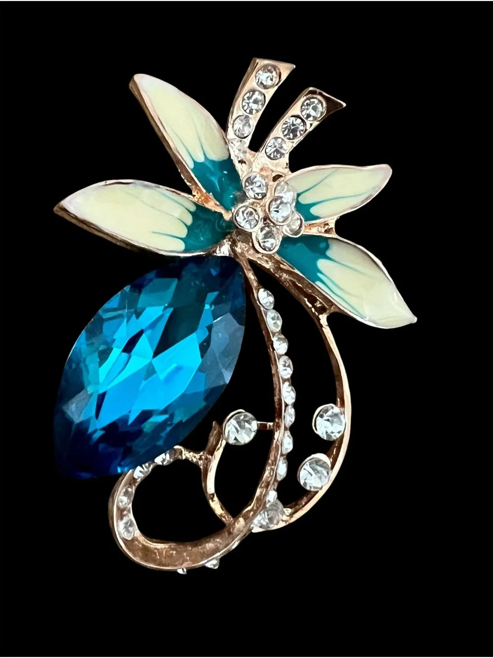 Teal Blue Crystal Floral Brooch with Ivory Enamel Petals